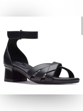 Clarks Black Crossed-Strap Ankle Block chunky minimalist comfy Heels